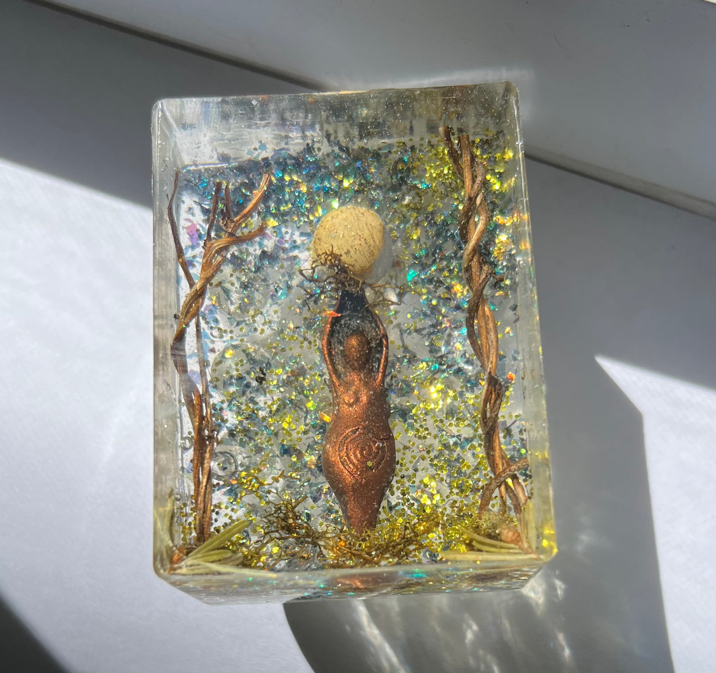 Orgonite massage tool — organic matter, crystals & metal in clear resin— nature theme
