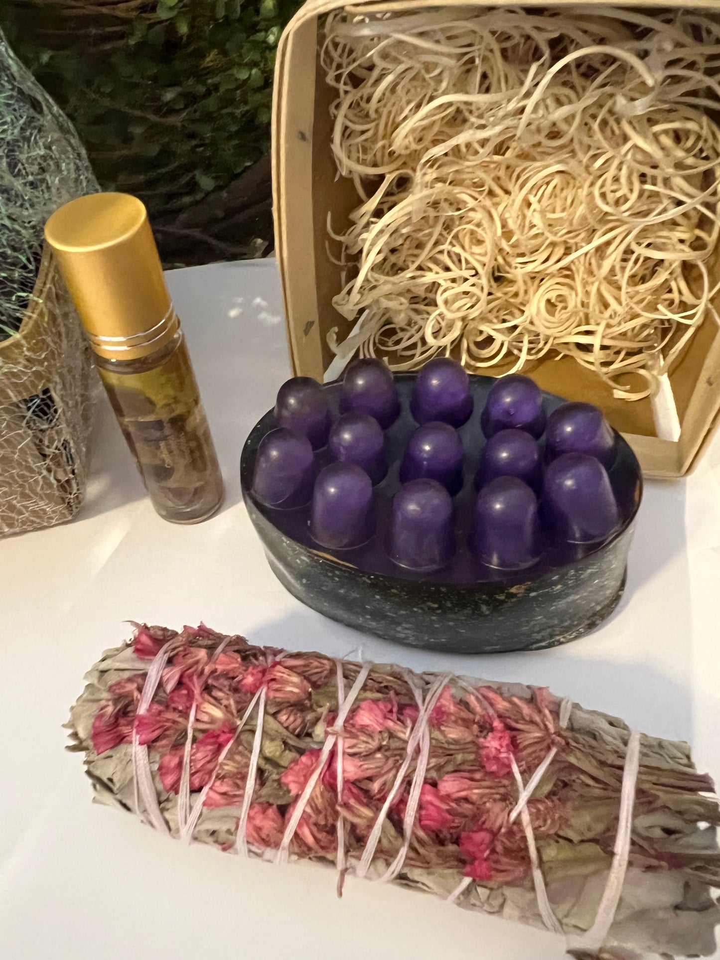 Gift Basket - Orgonite Lymph massager w/Scented Oil and White Sage Bundle-Buddha
